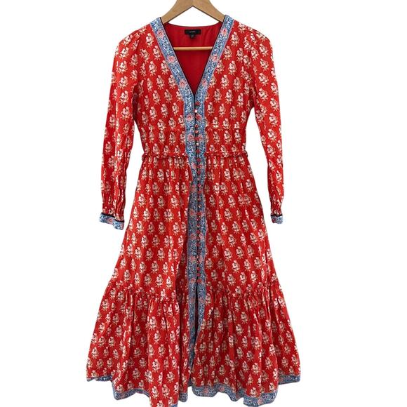 J. Crew Block Print Button Front Tiered MIDI Dress Size 00 - Picture 5 of 14